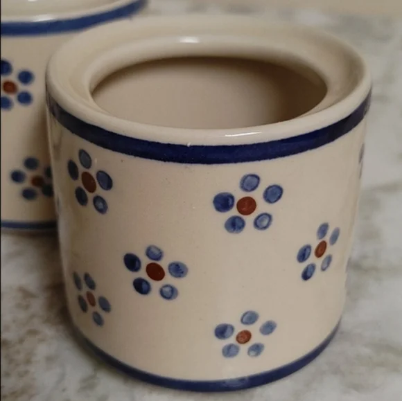 4 Mini VTG Ceramic Canisters Naaman Porcelain Israel Ivory Blue & Burgundy - Picture 6 of 10